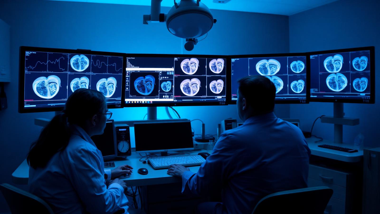 Equipe médica analisando imagens em múltiplos monitores dentro de sala de hemodinâmica com iluminação azul